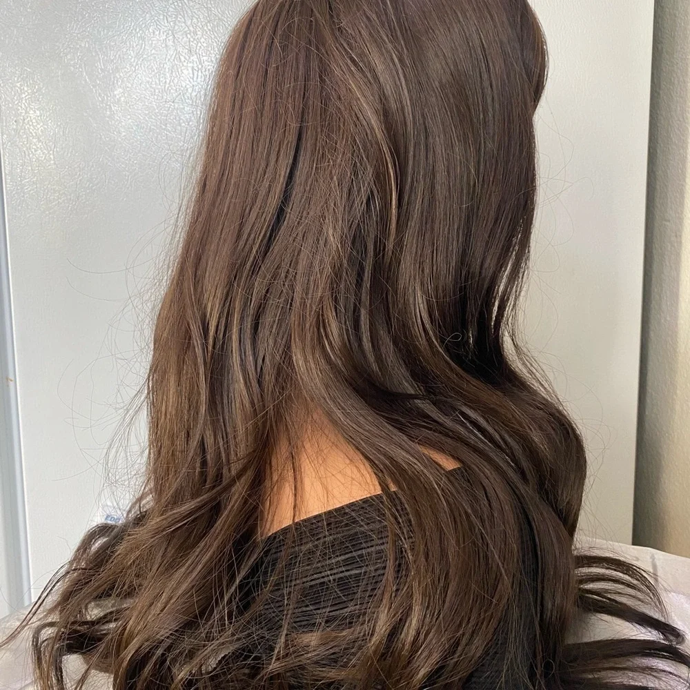 Chocolate Brown Wavy Long Wig with bangs 26”